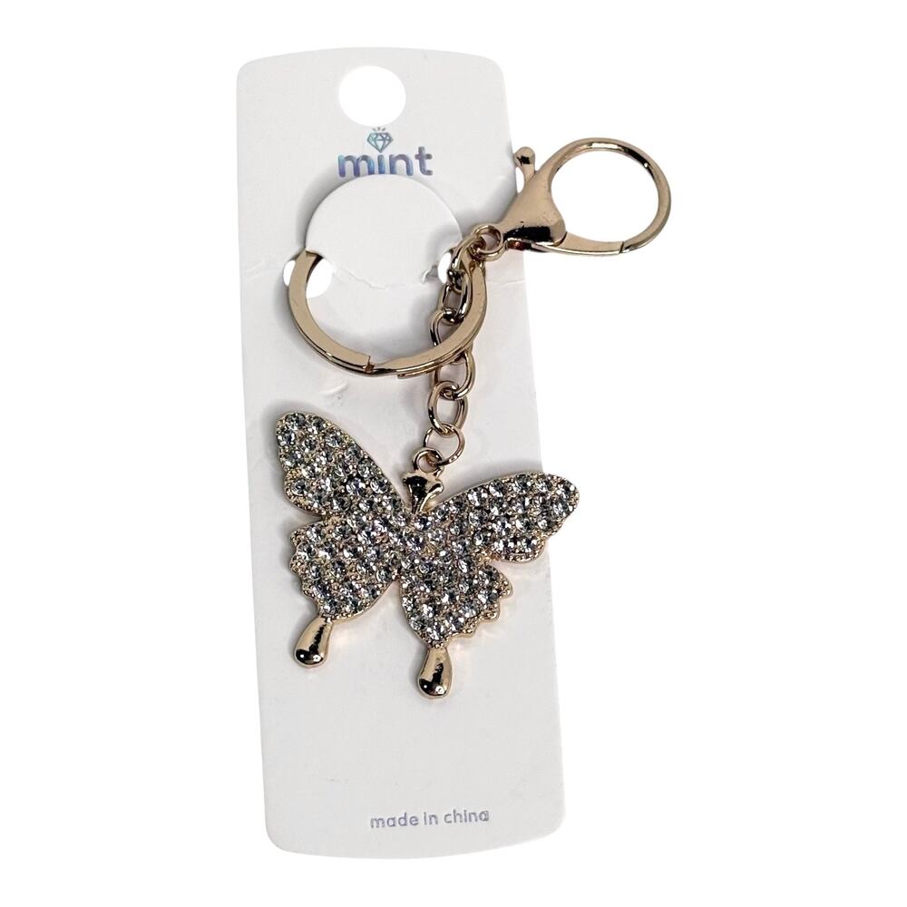 Mint Rhinestone Butterfly Bag Charm Clear Crystal Key Chain Ring Backpack Purse